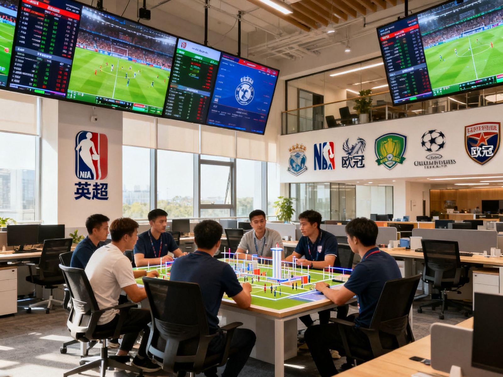 华体会HTH北京总部开放式办公空间实拍图，宽敞明亮的办公室内悬挂多块赛事数据监控大屏，员工正在讨论数据模型，墙上装饰着各大体育联赛的官方标志